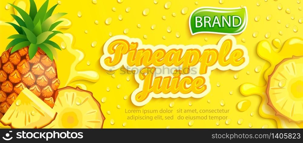 Fresh pineapple juice banner with apteitic drops from condensation, fruit slice on cold background for brand,logo, template,label,emblem,store,packaging,advertising.Vector illustration. Fresh pineapple juice banner.