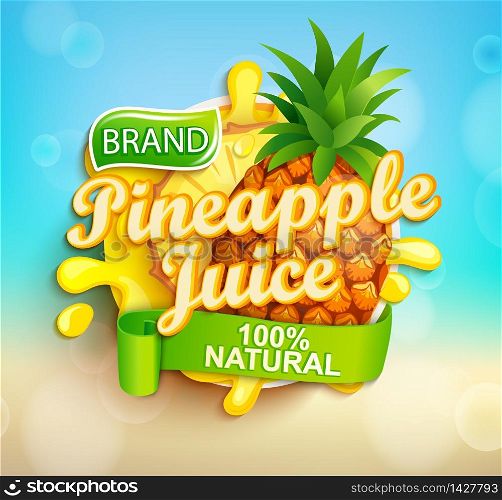 Fresh pineapple juice label with splash, fruit slice on bokeh background for brand,logo, template,label,emblem,store,packaging,advertising.100 percent natural tropical sap.Vector illustration.. Fresh pineapple juice label.