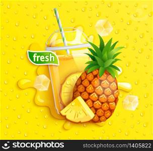 Fresh pineapple juice to go banner with apteitic drops from condensation,tasty fruit slice on yellow background for brand,logo, template,label,emblem,store,packaging,advertising.Vector illustration. Fresh pineapple juice to go splash banner.