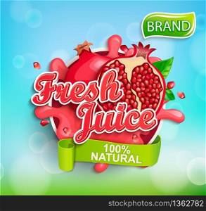 Fresh pomegranate juice label with splash, fruit slice on bokeh background for brand,logo, template,label,emblem,store,packaging,advertising.100 percent natural garnet juice.Vector illustration. Fresh pomegranate juice label.