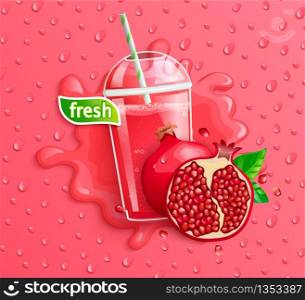 Fresh pomegranate juice to go banner with apteitic drops from condensation, fruit slice on gradient background for brand,logo, template,label,emblem,store,packaging,advertising.Vector illustration. Fresh pomegranate juice to go splash banner.