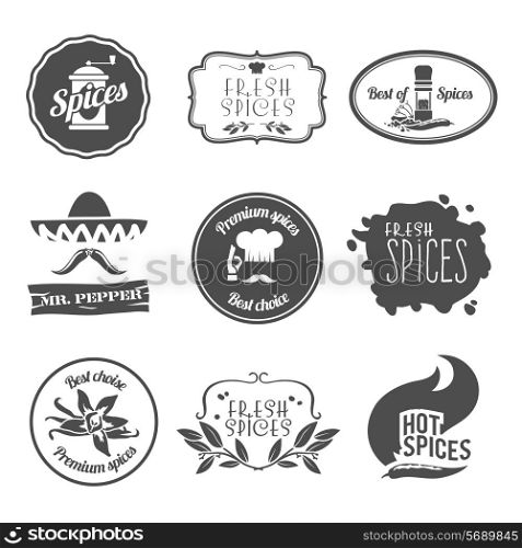Fresh premium spices hot black labels emblems and stamps set isolated vector illustration