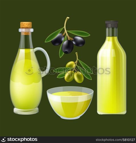 Fresh pressed olive oil bottle and pourer with ornamental black and green olives poster abstract vector illustration. Fresh olive oil decorative poster