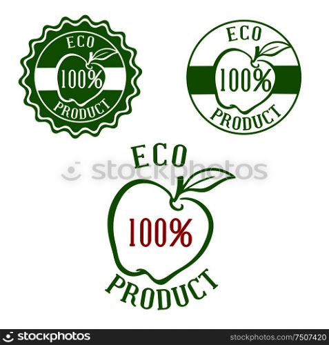 Fresh product green labels with apple and leaf outlines framed by round seals. For natural healthy food and drink design. Fresh product labels with fruit