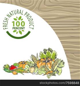Fresh products organic meal vector, banner with pumpkin and cor, foliage and leaves, pepper and carrots, vegan vegetarian dieting nutrition flat style. Fresh Natural Products 100 Percent Meal Poster