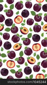 Fresh purple plum seamless pattern, slices, pits, leaves, core. Set of fruits. Vector illustration isolated on white background