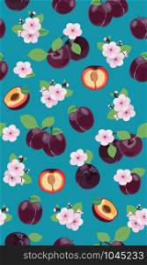 Fresh purple plum seamless pattern with pink cherry blossom on green background, Vector illustration