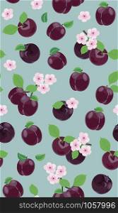 Fresh purple plum seamless pattern with pink cherry blossom on green background, Vector illustration