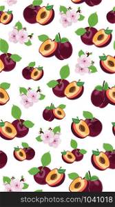 Fresh purple plum seamless pattern with pink cherry blossom on white background, Vector illustration