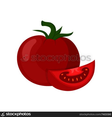 Fresh red tomato vegetable isolated on white background. Whole and slice tomato icon for market, recipe design, logo. Organic food. Cartoon style. Vector illustration for design.