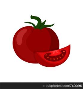 Fresh red tomato vegetable isolated on white background. Whole and slice tomato icon for market, recipe design, logo. Organic food. Cartoon style. Vector illustration for design.