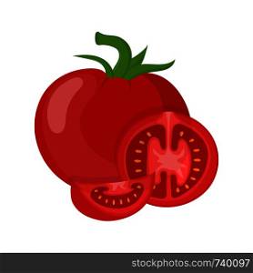 Fresh red tomato vegetable isolated on white background. Whole, half and slice tomato icon for market, recipe design, logo. Organic food. Cartoon style. Vector illustration for design.