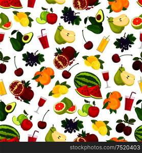Fresh ripe fruits, berries and juicy drinks pattern. Vector pattern of watermelon and pomegranate, cherry and orange, lemon, grape and pear, apple and plum, avocado, grapefruit, fruit juice in glass. Fresh ripe fruits and juicy drinks pattern
