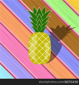 Fresh Ripe Pineapple on Colorful Wood Diagonal Planks. Tropical Fruit Background.. Fresh Ripe Pineapple on Colorful Planks