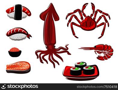 Fresh salmon steak, sushi rolls and sashimi, crab, shrimp, red caviar and squid seafood set in cartoon style. For menu or recipe book design. Fresh healthy seafood set in cartoon style