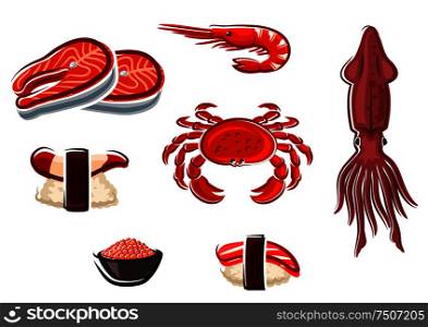 Fresh salmon steaks, crab, squid, shrimp and cooked salted red caviar, nigiri sushi with surf clam and tuna, for seafood menu design. Fresh seafood and sea animals