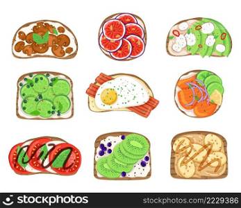 Fresh sandwiches. Tasty toasted bread, different ingredients, cartoon eggs, bacon and vegetables, breakfast snacks, healthy food, restaurant or cafe menu, delicious takeaway food, vector isolated set. Fresh sandwiches. Tasty toasted bread, different ingredients, cartoon eggs, bacon and vegetables, breakfast snacks, healthy food, restaurant or cafe menu, delicious takeaway food vector set