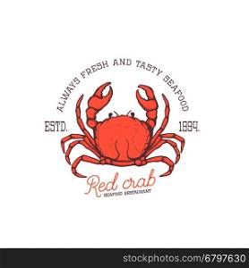 fresh seafood. Red crab seafood restaurant. Hand drawn crab illustration isolated on white background. Design element for logo, label, emblem, sign.
