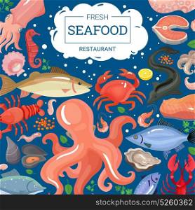 Fresh Seafood Restaurant Background. Seafood background composition of cartoon style images of sea animals and pieces of marine food products vector illustration