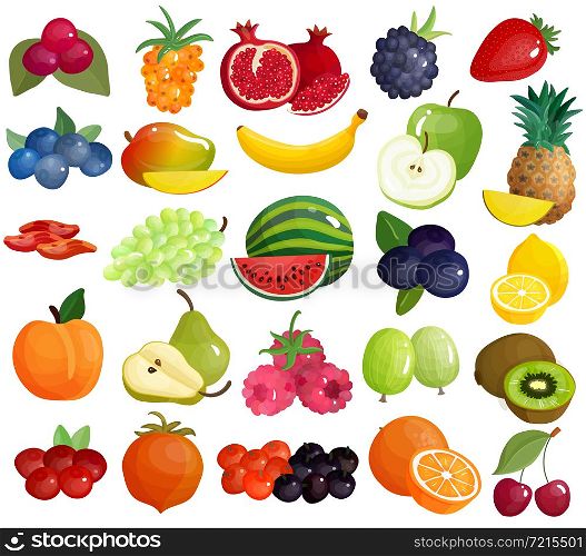 Fresh seasonal farmer market berries tropical and mediterranean delicious fruits colorful big icons collection isolated vector illustration . Fruits Berries Colorful Icons Collection