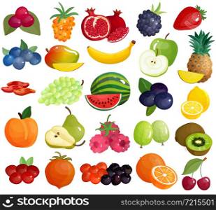 Fresh seasonal farmer market berries tropical and mediterranean delicious fruits colorful big icons collection isolated vector illustration . Fruits Berries Colorful Icons Collection