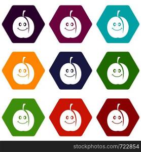 Fresh smiling apricot icon set many color hexahedron isolated on white vector illustration. Fresh smiling apricot icon set color hexahedron