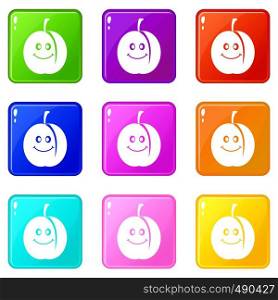 Fresh smiling apricot icons of 9 color set isolated vector illustration. Fresh smiling apricot set 9