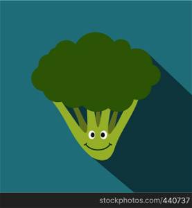 Fresh smiling broccoli icon. Flat illustration of fresh smiling broccoli vector icon for web on baby blue background. Fresh smiling broccoli icon, flat style