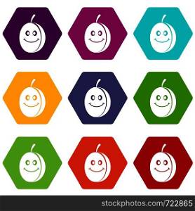 Fresh smiling plum icon set many color hexahedron isolated on white vector illustration. Fresh smiling plum icon set color hexahedron