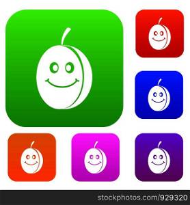 Fresh smiling plum set icon color in flat style isolated on white. Collection sings vector illustration. Fresh smiling plum set color collection