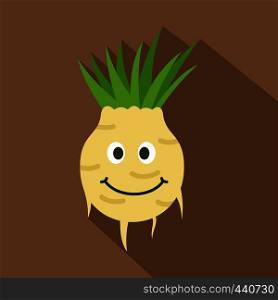 Fresh smiling turnip icon. Flat illustration of fresh smiling turnip vector icon for web on coffee background. Fresh smiling turnip icon, flat style