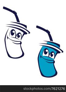 Fresh soda drink with straw in cartoon style for fast food design