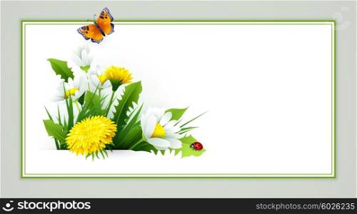 Fresh spring background with grass, dandelions and daisies. Fresh spring background with grass, dandelions and daisies. Vector