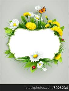 Fresh spring background with grass, dandelions and daisies. Vector