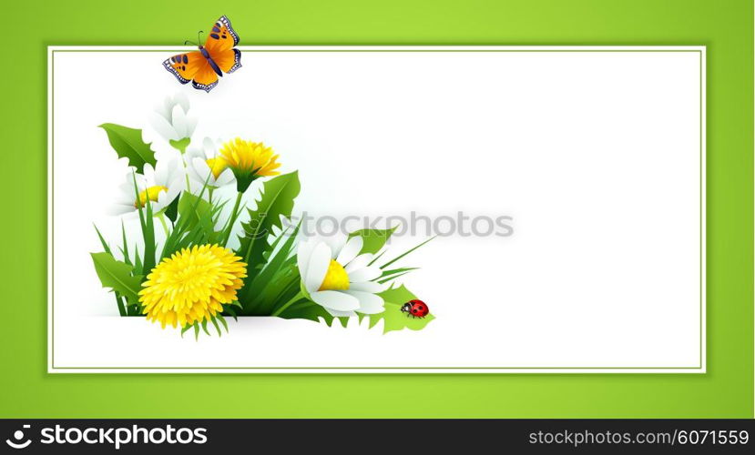 Fresh spring background with grass, dandelions and daisies. Vector