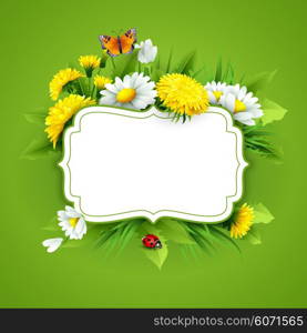 Fresh spring background with grass, dandelions and daisies. Vector