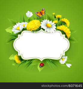 Fresh spring background with grass, dandelions and daisies. Vector