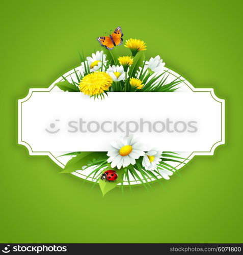 Fresh spring background with grass, dandelions and daisies. Vector