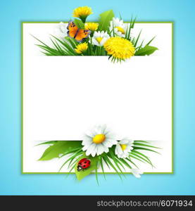 Fresh spring background with grass, dandelions and daisies. Vector