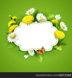 Fresh spring background with grass, dandelions and daisies. Vector