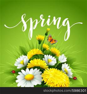Fresh spring background with grass, dandelions and daisies. Vector illustration EPS10