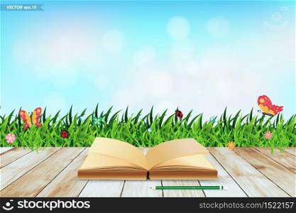 Fresh spring green grass with blue sky bokeh and open book and wood floor. Beauty natural background, Vector illustration template design