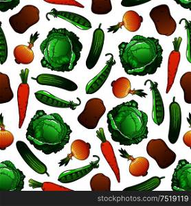 Fresh spring vegetables pattern with cartoon seamless background of carrot, cabbage, onion, cucumber, potato and green pea. Agriculture and organic farming design. Fresh vegetables seamless pattern for food design