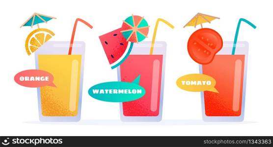 Fresh Squeezed Different Kinds Juice in Glasses Cartoon Set. Summer Refreshing Drinks. Watermelon, Orange and Tomato Beverages with Lettering. Cafeteria Seasonal Menu. Vector Flat Illustration. Fresh Different Kinds Juice in Glasses Cartoon Set