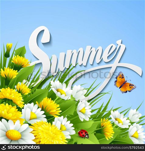 Fresh summer background with grass, dandelions and daisies EPS 10