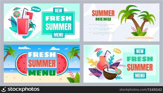Fresh Summer Beach Bar Menu Advertising Banner Set. Refreshing Tropical Beverage and Cocktails, New Exotic Dishes. Editable Text for Presentation Cafe or Restaurant. Vector Flat Natural Illustration. Fresh Summer Beach Bar Menu Advertising Banner Set