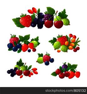 Fresh summer berries. Strawberry, blackberry, blueberry, cherry, raspberry cartoon vector set. Fruits food sweet, berry vitamin illustration. Fresh summer berries. Strawberry, blackberry, blueberry, cherry, raspberry cartoon vector set