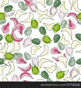Fresh summer seamless pattern with random abstract contoured fruits: bananas, apples, plums and pears. Isolated print. Designed for fabric design, textile print, wrapping, cover. Vector illustration.. Fresh summer seamless pattern with random abstract contoured fruits: bananas, apples, plums and pears. Isolated print.