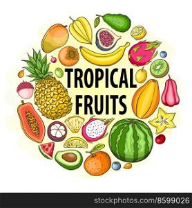 Fresh summer tropical fruit on a yellow watercolor background. Healthy eating and vegan concept. Hand drawn vector illustration
