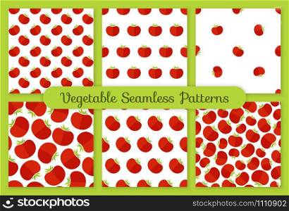 Fresh summer vegetable seamless pattern collection. Modern fashion texture background design set with tomato vegetables in natural red and rose colors. Cute vector illustration for wrapping paper.. Red tomato flat vegetable seamless pattern set